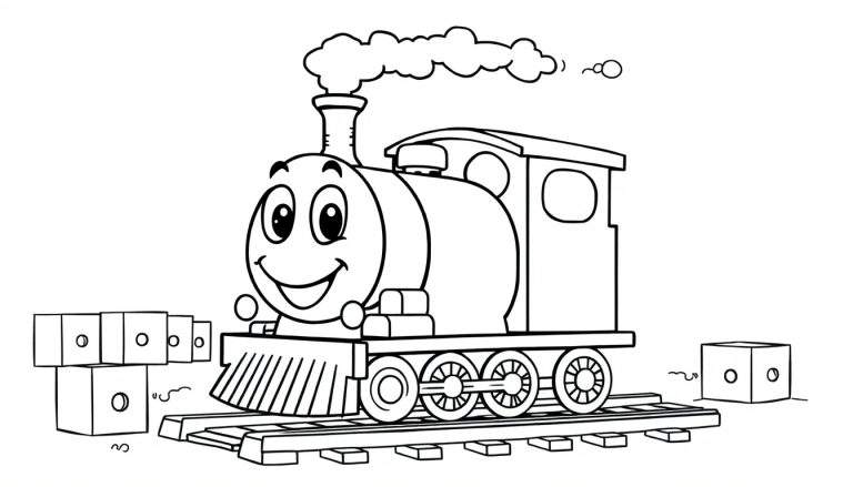 Placa de color de un tren de dibujos animados sonriente con vagones de bloques, listo para pintar.