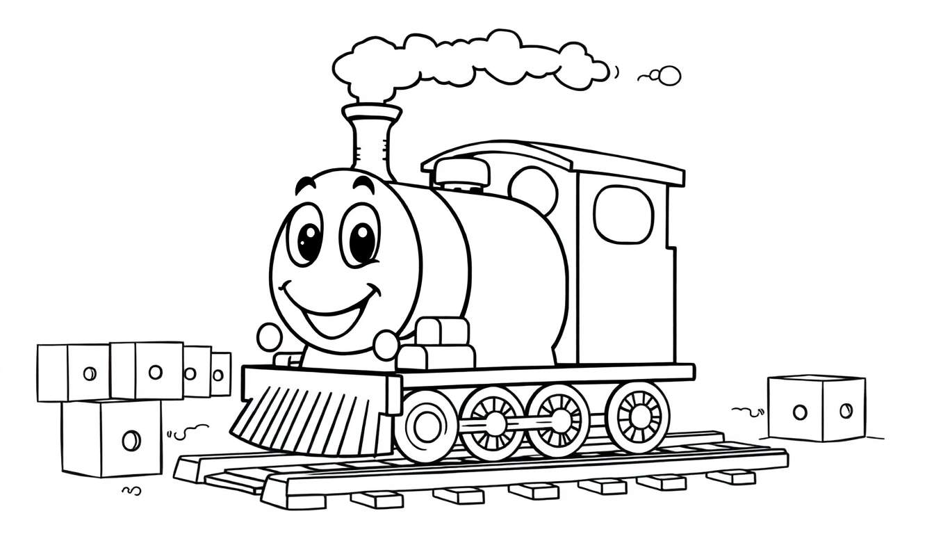 Placa de color de un tren de dibujos animados sonriente con vagones de bloques, listo para pintar.