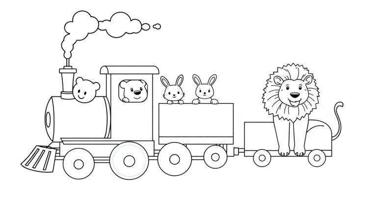 Placa de color: tren de vapor amigable con animales, en blanco y negro.
