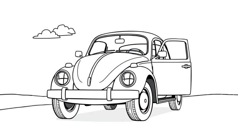 Un dibujo lineal de un Volkswagen Beetle clásico con la puerta abierta, listo para colorear con una placa de color.