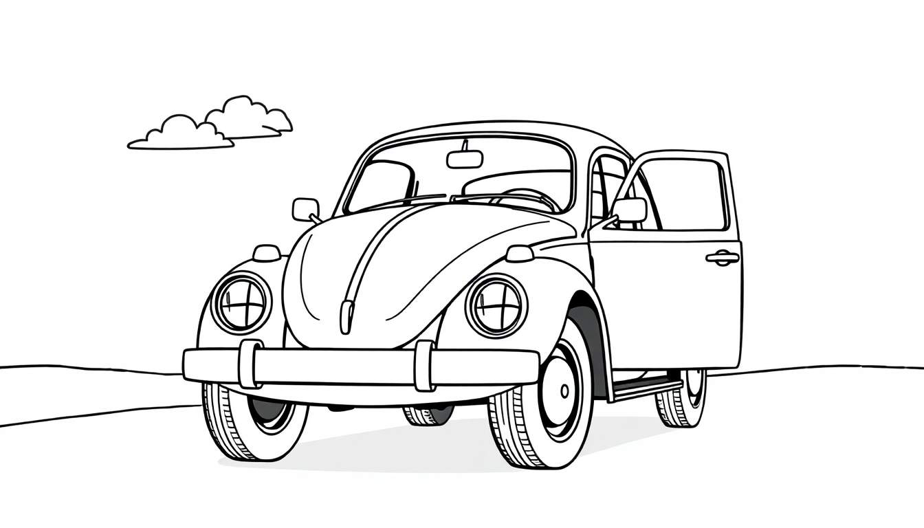 Un dibujo lineal de un Volkswagen Beetle clásico con la puerta abierta, listo para colorear con una placa de color.