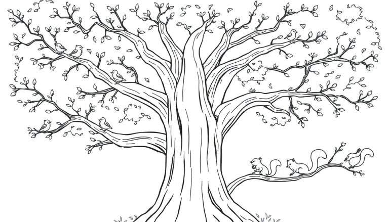 Una página para colorear en blanco y negro de un árbol amigable con pájaros y ardillas, listo para ser coloreado, con líneas limpias y detalladas, perfecto para la placa de color.