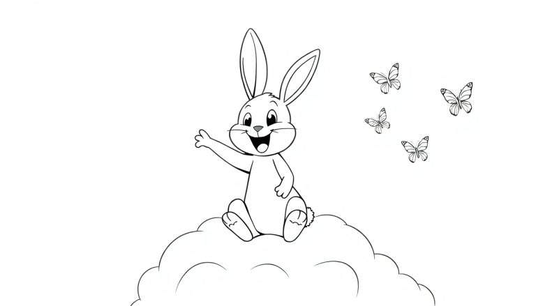 Página para colorear de un conejo de dibujos animados feliz sentado en una nube, saludando con la pata, con mariposas volando.