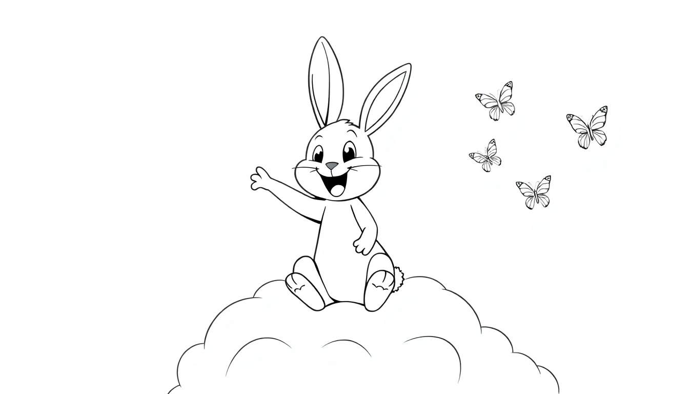 Página para colorear de un conejo de dibujos animados feliz sentado en una nube, saludando con la pata, con mariposas volando.