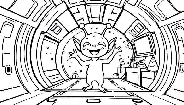 Dibujo para colorear de un alienígena sonriente en una nave espacial, con brazos levantados, frente a una pared con ventanas y un escritorio con una planta.