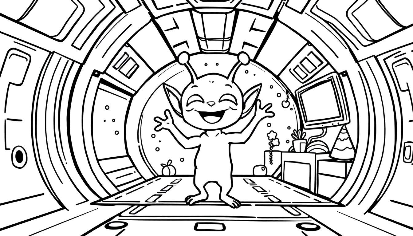 Dibujo para colorear de un alienígena sonriente en una nave espacial, con brazos levantados, frente a una pared con ventanas y un escritorio con una planta.