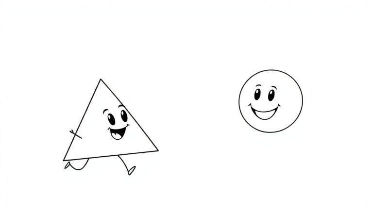 Un triángulo animado con cara y piernas sonriendo, y un círculo animado con cara riendo a su derecha, ambos sobre un fondo blanco, listos para colorear.