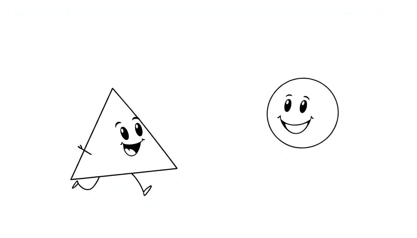 Un triángulo animado con cara y piernas sonriendo, y un círculo animado con cara riendo a su derecha, ambos sobre un fondo blanco, listos para colorear.