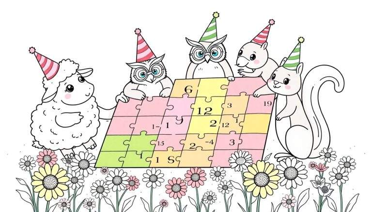 Página para colorear de animales con sombreros de fiesta resolviendo un rompecabezas matemático con números y flores en el fondo.
