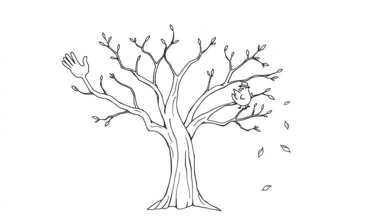 Página para colorear de un árbol con una rama en forma de mano levantada y un pájaro con sombrero en otra rama, con hojas cayendo.