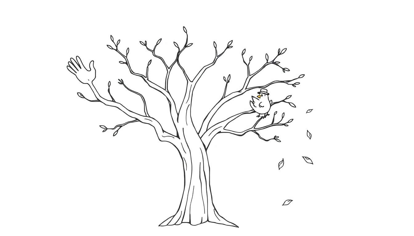 Página para colorear de un árbol con una rama en forma de mano levantada y un pájaro con sombrero en otra rama, con hojas cayendo.