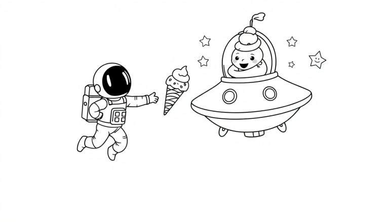 Dibujo para colorear de un astronauta flotando en el espacio con un cono de helado, un platillo volador con un bebé alienígena y estrellas alrededor.