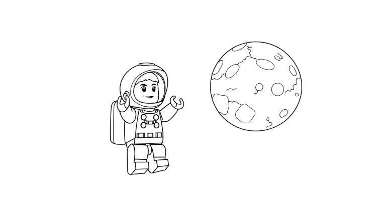 Página para colorear de un astronauta de Lego con traje espacial blanco y casco, de pie en la superficie de la Luna con cráteres.
