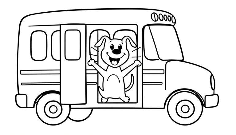 Página para colorear de un autobús escolar de dibujos animados con un perro feliz saludando desde la puerta.