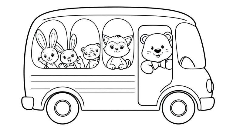 Página para colorear de un autobús de dibujos animados con animales felices saludando desde las ventanas.