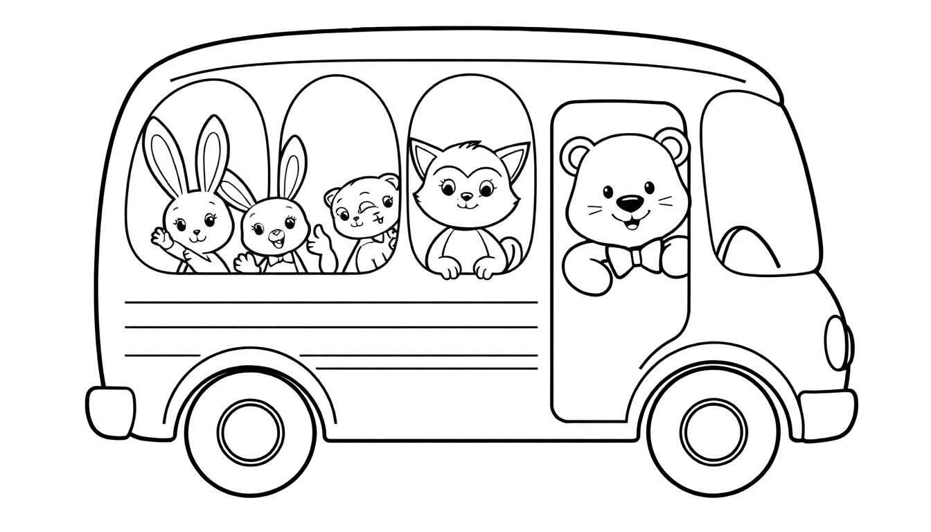 Página para colorear de un autobús de dibujos animados con animales felices saludando desde las ventanas.