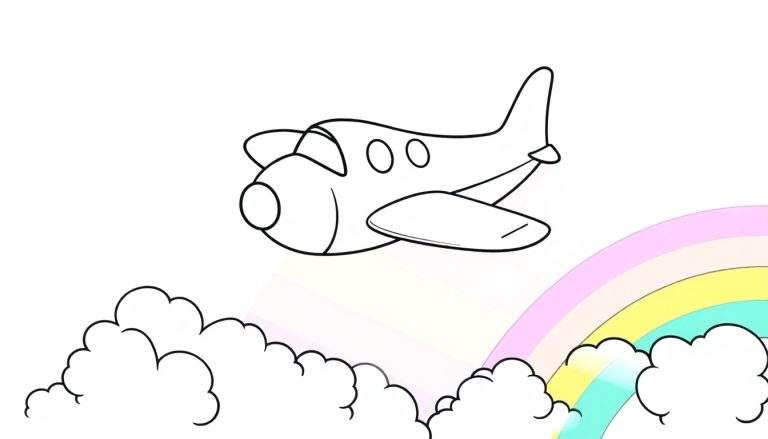 Página para colorear de un avión de juguete blanco volando en un cielo con nubes y arcoíris.