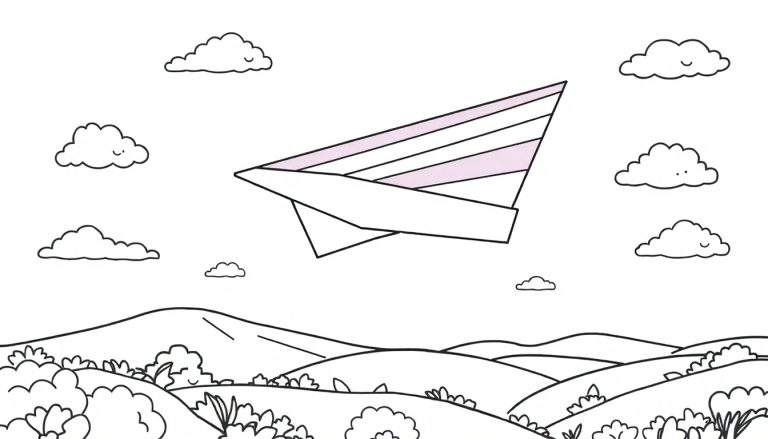 Dibujo para colorear de un avión de papel con alas a rayas rosas volando sobre colinas y nubes sonrientes.