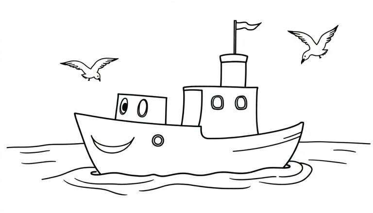 Dibujo para colorear de un barco de juguete feliz con chimenea, ventanas y bandera, flotando en agua ondulada con pájaros alrededor.
