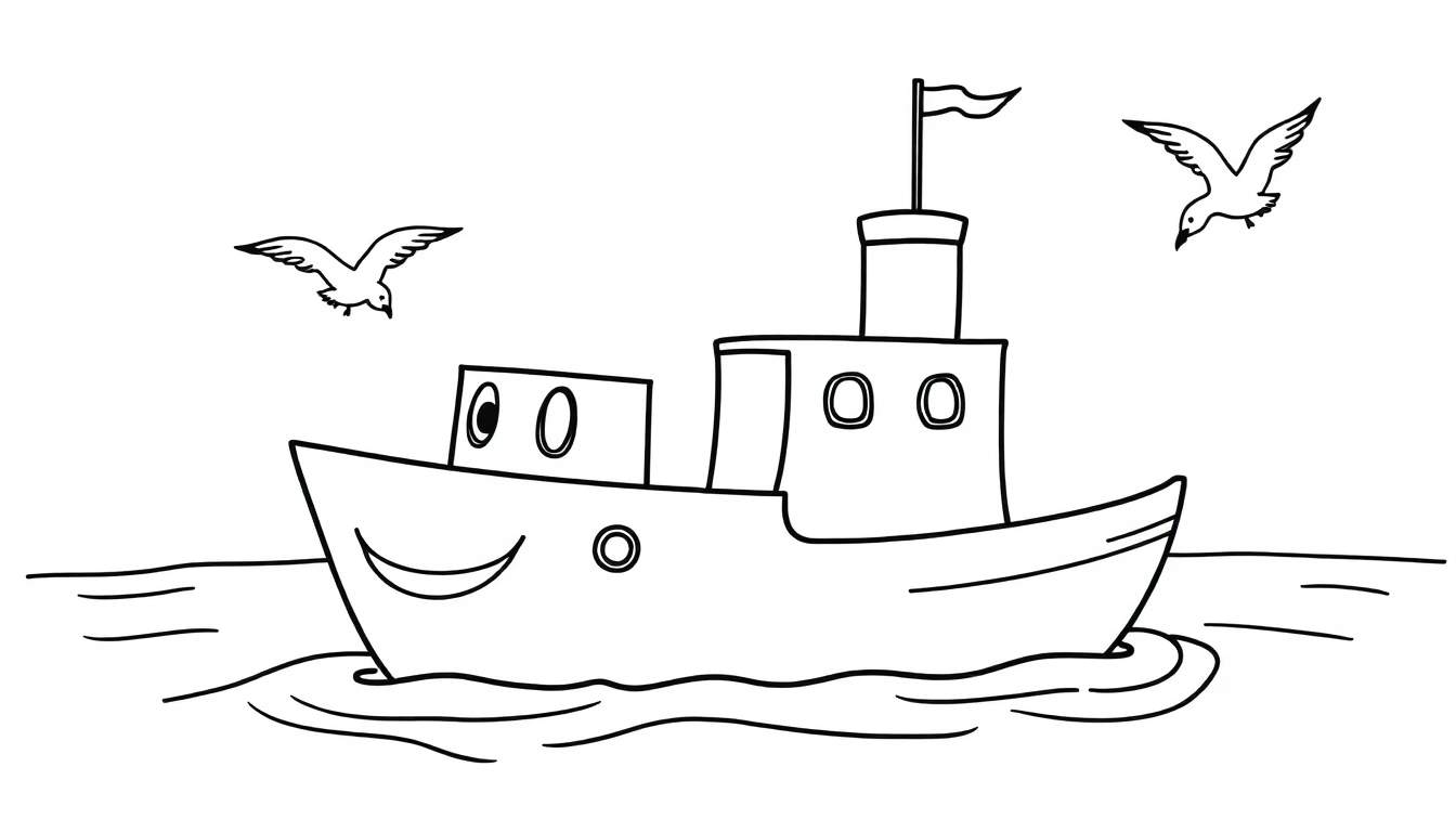 Dibujo para colorear de un barco de juguete feliz con chimenea, ventanas y bandera, flotando en agua ondulada con pájaros alrededor.