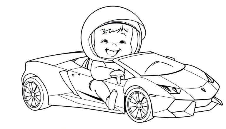 Bebé con casco conduciendo un coche deportivo, línea de contorno para colorear.