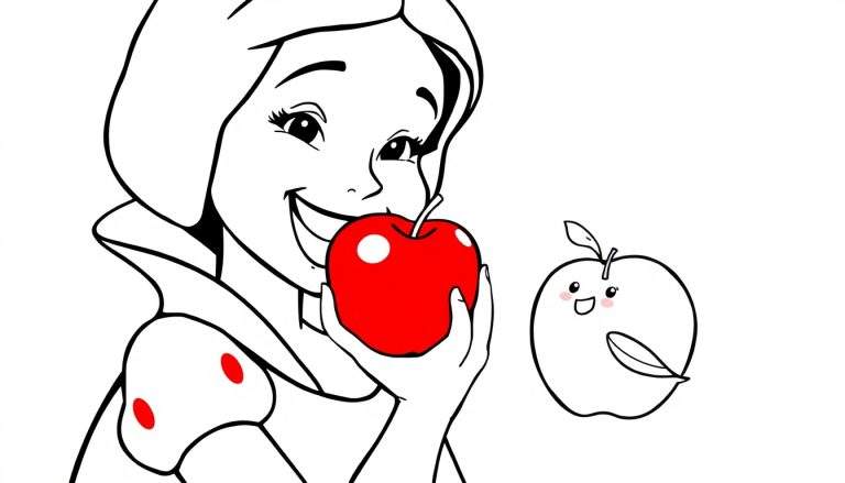 Página para colorear con Blancanieves y una manzana feliz