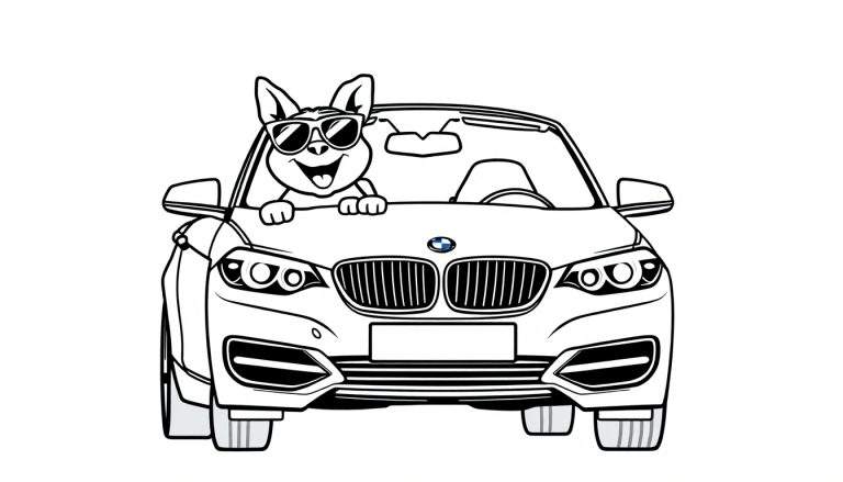 Dibujo a blanco y negro de un coche descapotable BMW con un personaje de dibujo animado, parecido a un perro o zorro, asomándose por la ventana del conductor con gafas de sol y una expresión alegre, listo para ser coloreado.