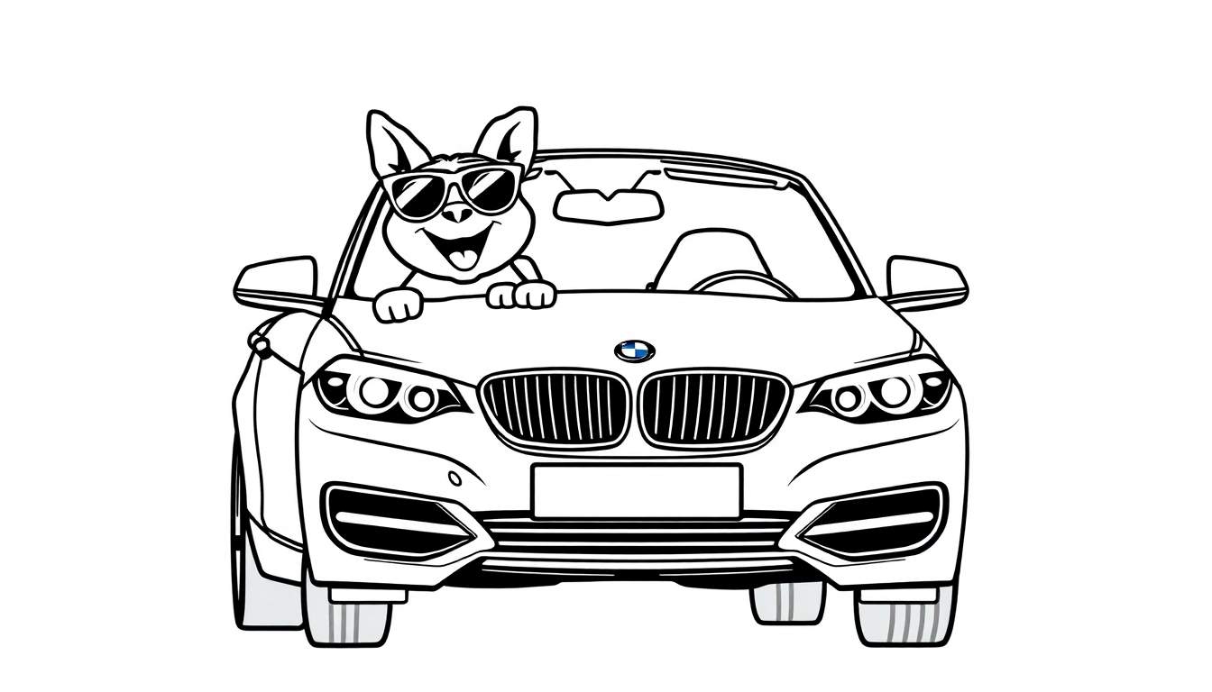 Dibujo a blanco y negro de un coche descapotable BMW con un personaje de dibujo animado, parecido a un perro o zorro, asomándose por la ventana del conductor con gafas de sol y una expresión alegre, listo para ser coloreado.