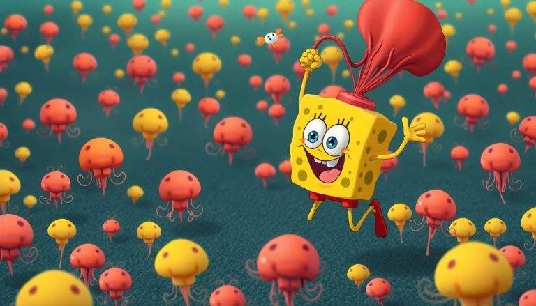 Bob Esponja sonriendo y saltando en medio de medusas naranjas y amarillas, con un pequeño pez flotando sobre su cabeza.