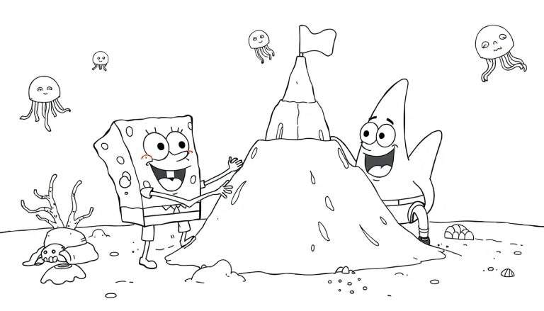 Bob Esponja y Patricio construyendo un castillo de arena con una bandera en la cima, medusas en el cielo y elementos marinos en la arena. Dibujo para colorear.