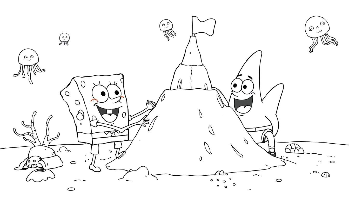 Bob Esponja y Patricio construyendo un castillo de arena con una bandera en la cima, medusas en el cielo y elementos marinos en la arena. Dibujo para colorear.
