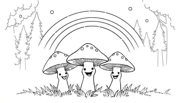Dibujo lineal en blanco y negro de un bosque para colorear con tres hongos sonrientes, un arcoíris, pinos y nubes.