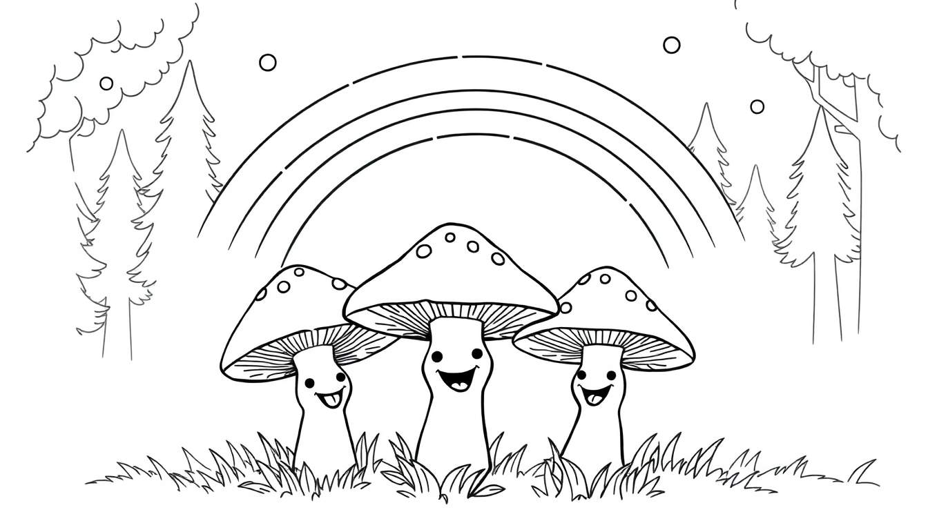 Dibujo lineal en blanco y negro de un bosque para colorear con tres hongos sonrientes, un arcoíris, pinos y nubes.