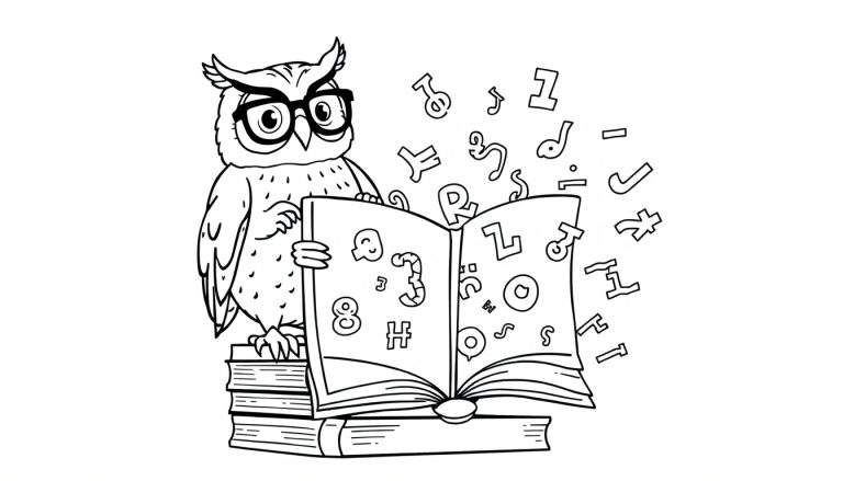 Ilustración para colorear de un búho con gafas leyendo un libro sobre una pila de libros, con letras y números flotando.