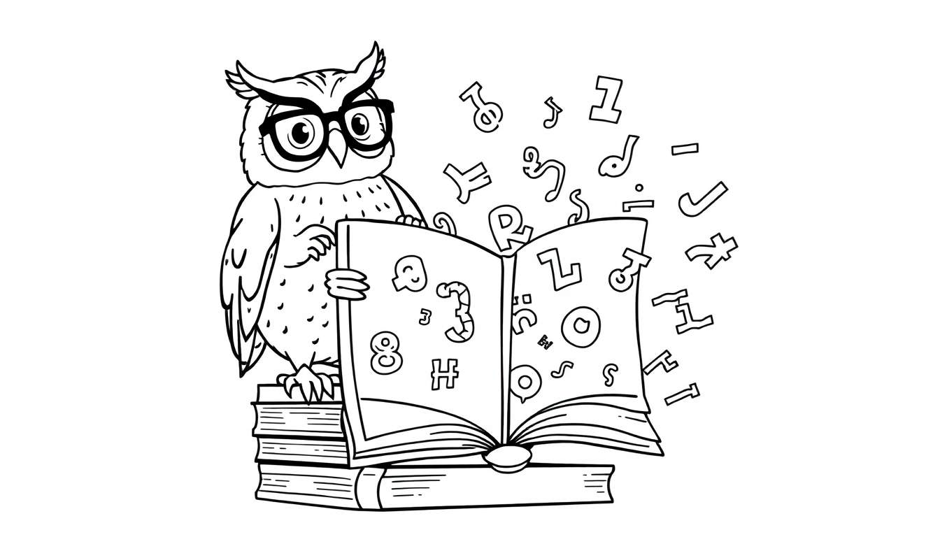 Ilustración para colorear de un búho con gafas leyendo un libro sobre una pila de libros, con letras y números flotando.