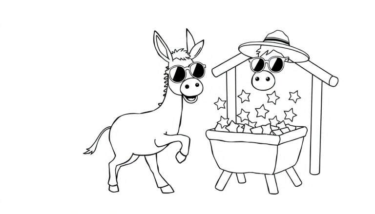 Página para colorear de un burro sonriente con gafas de sol y una casa mágica con estrellas.