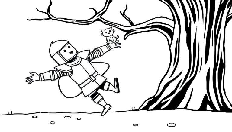 Caballero sonriente con armadura extendiendo la mano a un gatito en una rama de árbol.