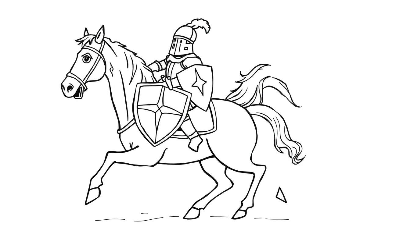 Página para colorear de un caballero en armadura completa montando un caballo galopando, con escudos detallados y un penacho en el yelmo.