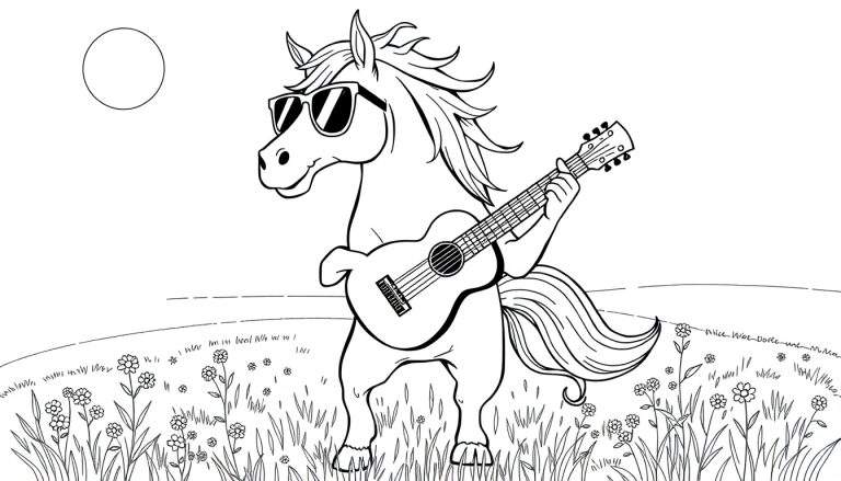 Dibujo a blanco y negro de un caballo con gafas de sol tocando una guitarra, en un campo de flores y hierba, con un sol en el cielo. Estilo de dibujos animados.