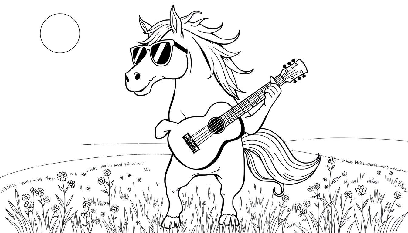 Dibujo a blanco y negro de un caballo con gafas de sol tocando una guitarra, en un campo de flores y hierba, con un sol en el cielo. Estilo de dibujos animados.
