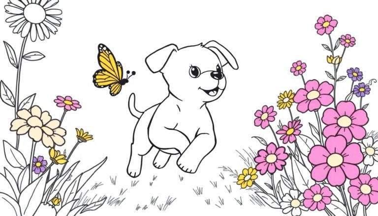 Ilustración para colorear de un cachorro blanco con la boca abierta y ojos grandes, corriendo detrás de una mariposa amarilla. Alrededor hay flores rosas, moradas, crema y blancas, y vegetación verde.