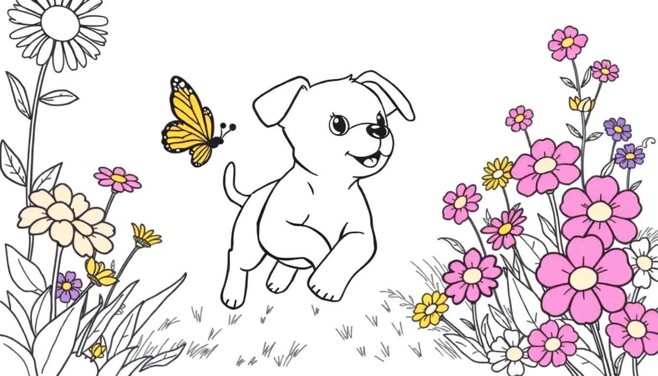 Ilustración para colorear de un cachorro blanco con la boca abierta y ojos grandes, corriendo detrás de una mariposa amarilla. Alrededor hay flores rosas, moradas, crema y blancas, y vegetación verde.