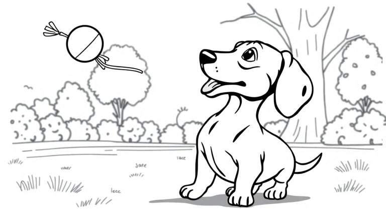 Ilustración para colorear de un cachorro de perro salchicha sentado en el césped, mirando hacia arriba con curiosidad un objeto flotante que parece un dulce o juguete. El fondo tiene árboles y arbustos.