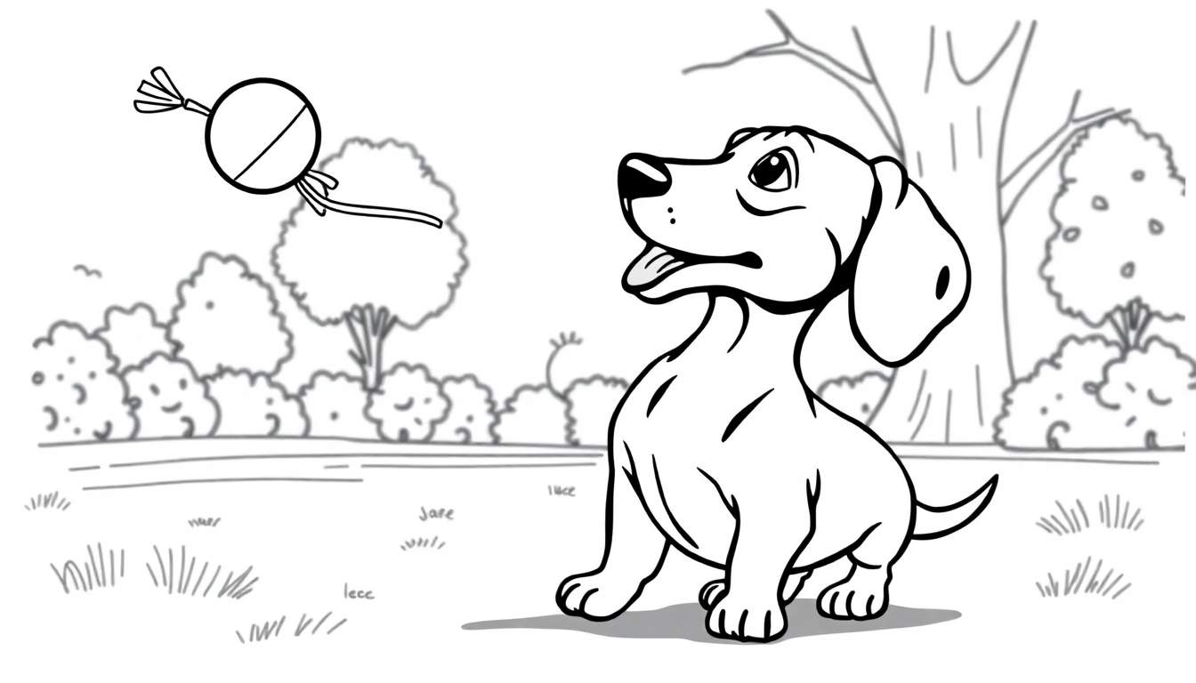 Ilustración para colorear de un cachorro de perro salchicha sentado en el césped, mirando hacia arriba con curiosidad un objeto flotante que parece un dulce o juguete. El fondo tiene árboles y arbustos.