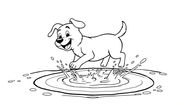 Dibujo en blanco y negro de un cachorro feliz saltando en un charco de agua con salpicaduras.