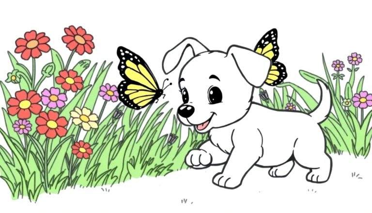 Página para colorear de un cachorro blanco jugando con una mariposa amarilla entre flores rojas, rosadas y amarillas sobre hierba verde.