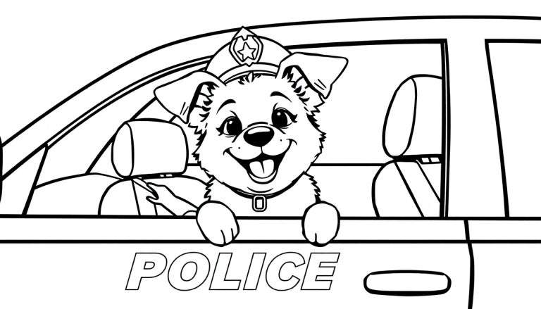 Dibujo de contorno en blanco y negro de un cachorro sonriente con gorra de policía, asomado por la ventanilla de un coche de policía con la palabra 'POLICE' escrita en la puerta.