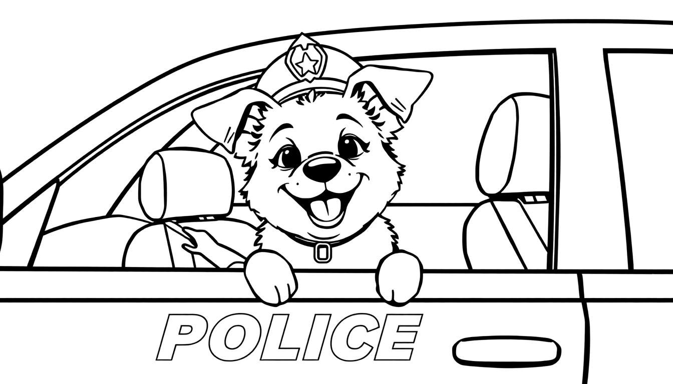 Dibujo de contorno en blanco y negro de un cachorro sonriente con gorra de policía, asomado por la ventanilla de un coche de policía con la palabra 'POLICE' escrita en la puerta.