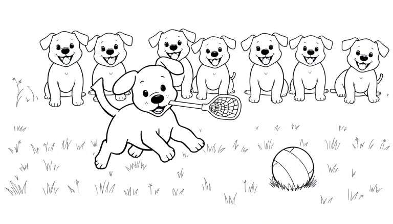 Imagen para colorear de ocho cachorros en el césped. Un cachorro tiene una red en la boca, y una pelota de voleibol está cerca. Siete cachorros más están sentados detrás mirándolo.