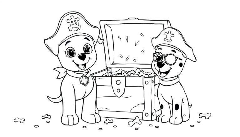 Dibujo de contorno de dos cachorros piratas con sombreros, uno con medallón y otro con monóculo, junto a un cofre del tesoro abierto lleno de huesos de perro.